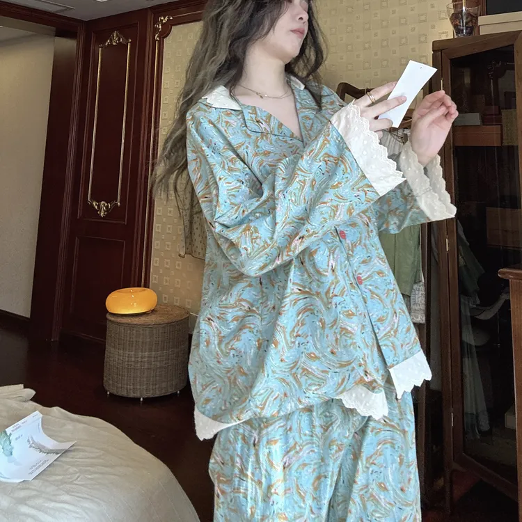 春秋睡衣女2025新款短袖长裤短裤碎花复古薄款蕾丝甜美家居服套装