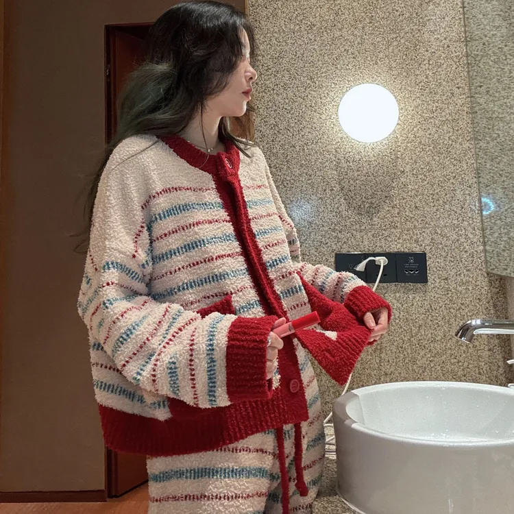 睡衣秋冬季复古半边绒毛衣红色本命年女士新年款家居服套装可外穿