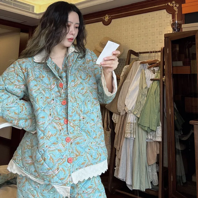 睡衣秋冬季女士夹棉2025年表层纯棉外穿家居服加厚碎花家居服套装