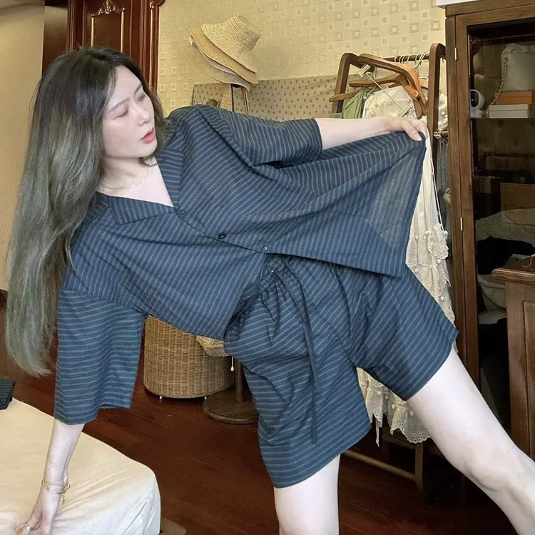 夏天睡衣女款2025新款夏季高级感条纹短袖短裤纯棉家居服可穿出门