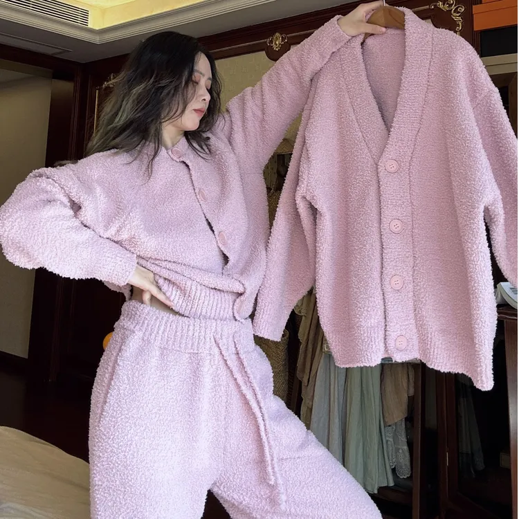 秋冬季睡衣套装女士半边绒复古保暖加厚粉色毛衣毛衫可外穿家居服