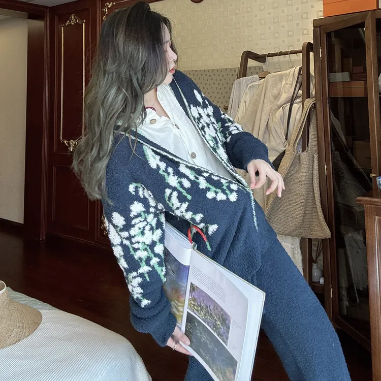 秋冬睡衣套装女半边绒复古保暖毛衣毛衫可外穿蓝色开衫休闲家居服