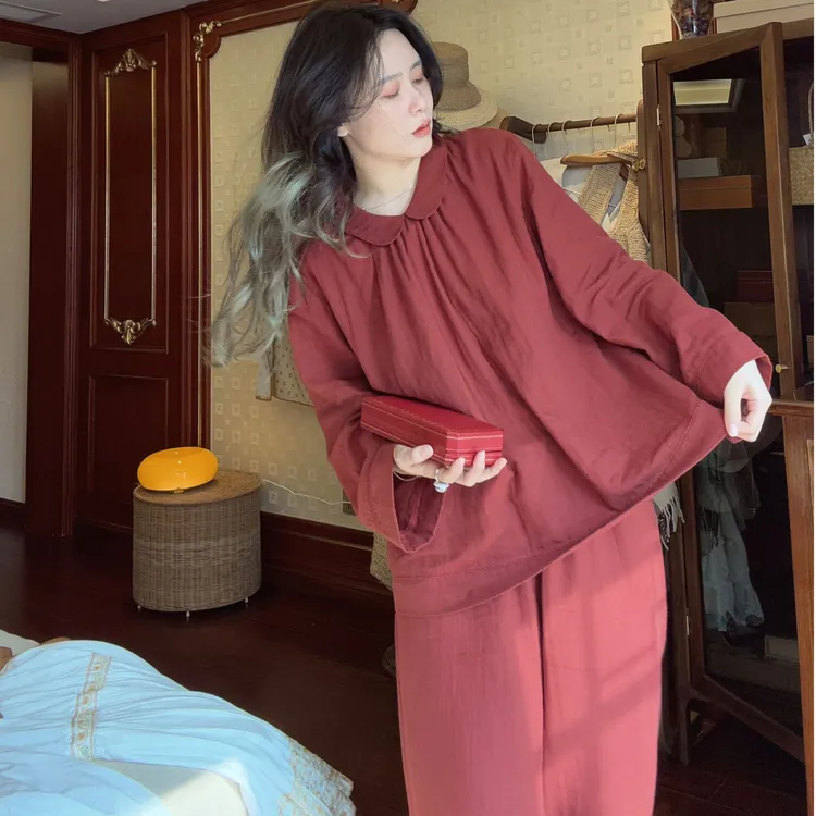 春夏红色全棉纯棉纱布舒适家居服套装透气宽松套头睡衣节日100%棉