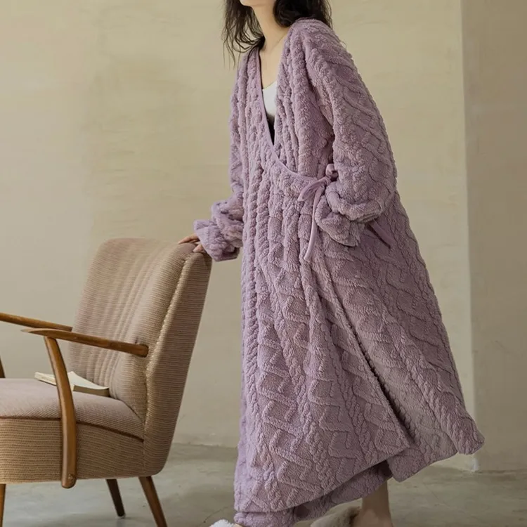 珊瑚绒睡袍女秋冬季长款一片式加厚睡衣法兰绒冬天可外穿浴袍宽松