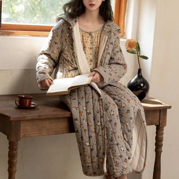 睡衣秋冬季女夹棉睡袍2025年新款中长款加绒加厚碎花家居服套装