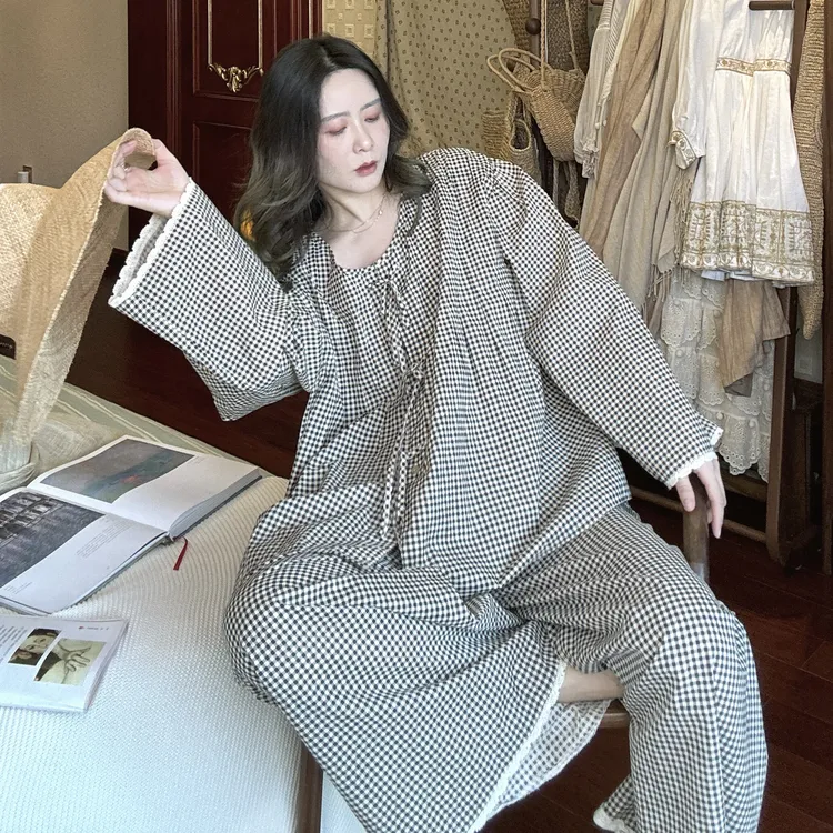 春秋季睡衣女士薄款梭织纯棉长袖长裤格子宽松大码套装韩版夏天