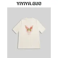 yiyiya.Guo艺艺吖/白色拼接彩色蝴蝶亮片短袖T2024234