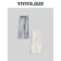 yiyiya.Guo艺艺吖/【满天星】白色蓝色磨毛拼接烫钻长裤2024737