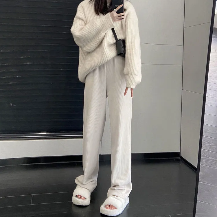 针织阔腿裤女春秋冬新款加绒休闲长裤高腰宽松显高直筒垂感拖地裤