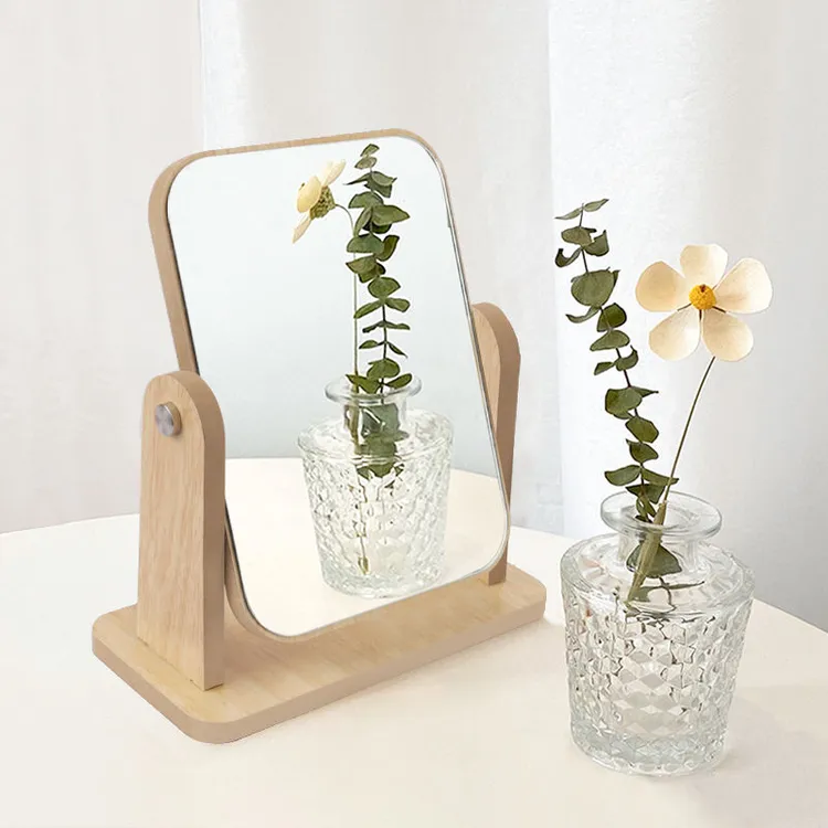 网红高清镜子木质简约台式化妆镜家用可旋转学生宿舍桌面梳妆镜