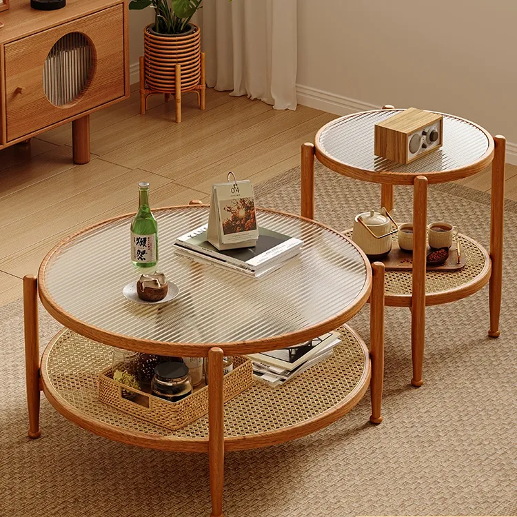 实木藤编玻璃茶几客厅家用沙发边几小户型日式圆形2025新款小桌子