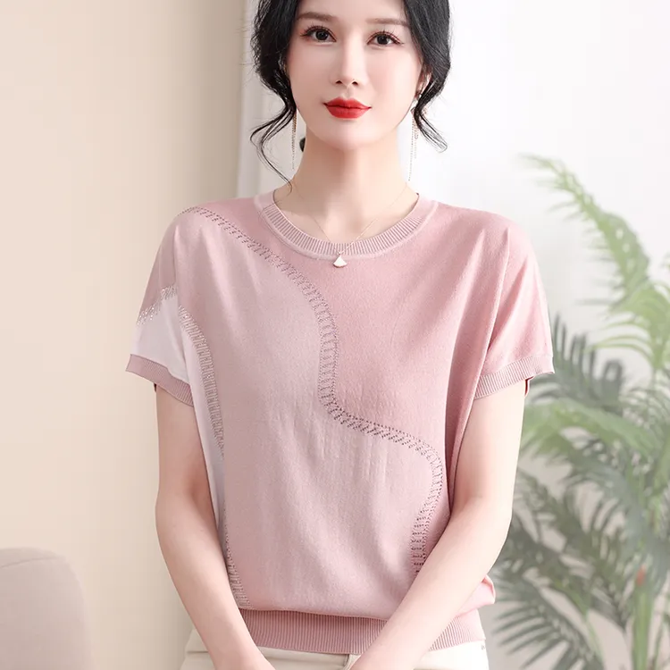 2025新款妈妈夏装洋气冰丝短袖T恤上衣中老年女宽松针织时尚小衫