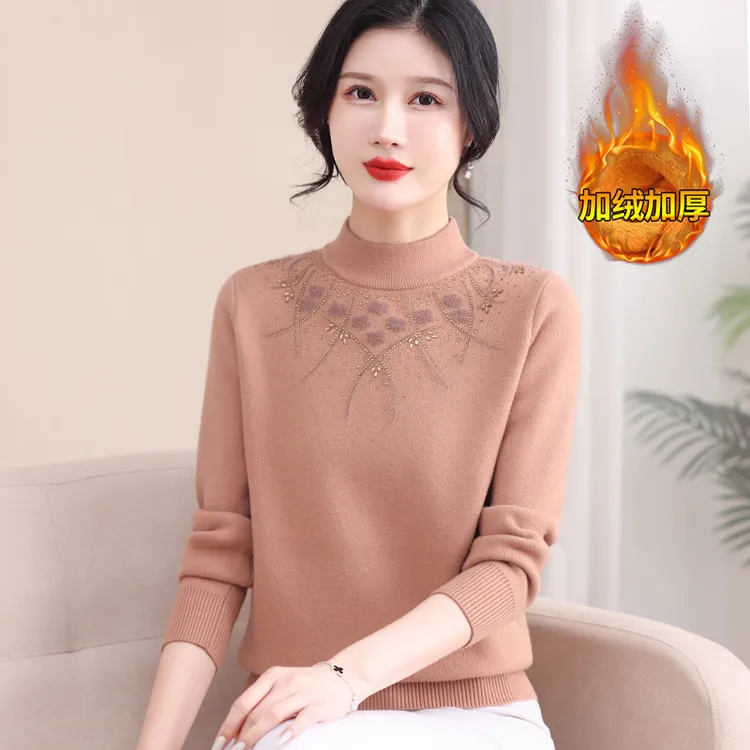 妈妈冬装加绒加厚毛衣女洋气中老年女装半高领内搭保暖打底衫宽松