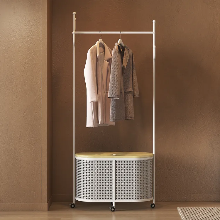 奶油风衣帽架落地卧室可移动挂衣架简约轻奢仿藤编脏衣篮收纳衣架