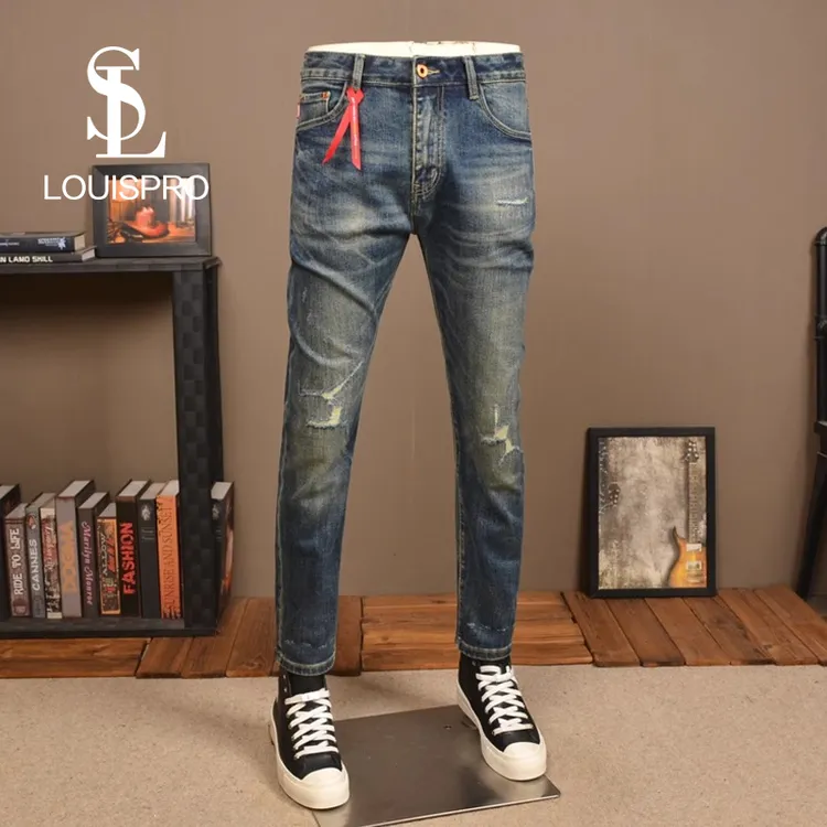 Louispro秋冬款复古蓝破洞牛仔裤男潮牌弹力修身补丁水洗休闲长裤