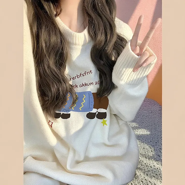 【绵羊绒】秋冬新款卡通毛衣温柔风百搭日系套头复古可爱针织衫上