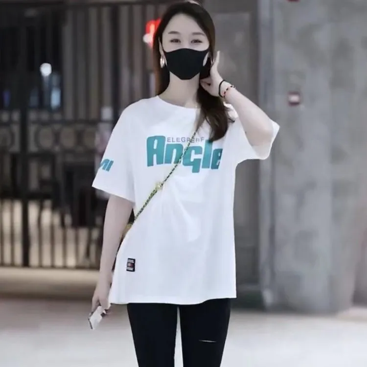 纯棉短袖T恤女夏2023新款韩版时尚宽松印花圆领半袖百搭减龄体恤