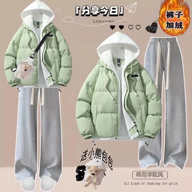 少女中学生学院风套装女初中学生秋冬季棉服外套加绒阔腿裤两件套