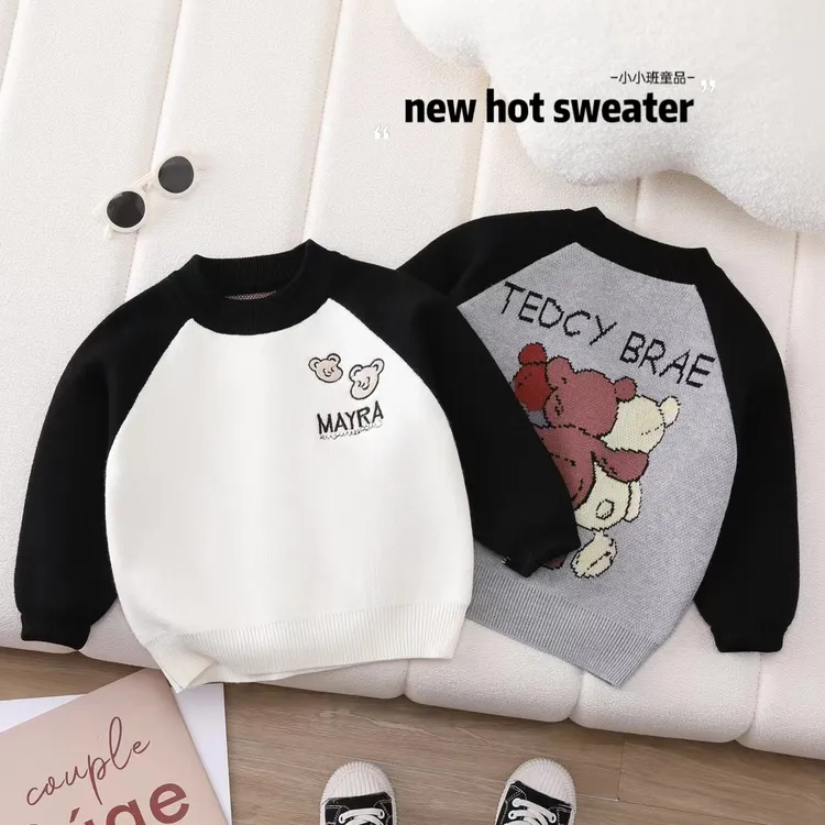 儿童毛衣加厚男女童针织衫高品质芝麻地新款宝宝秋冬卡通刺绣上衣