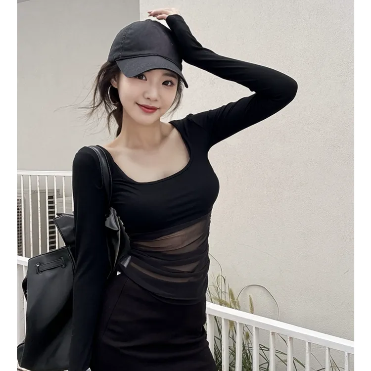 网纱拼接长袖t恤秋款女装黑色紧身辣妹打底衫上衣女款气质服装