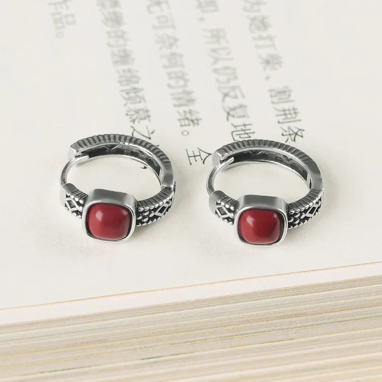 s925银针 潮款新款中国风小方糖耳环女款小众复古做旧耳扣新