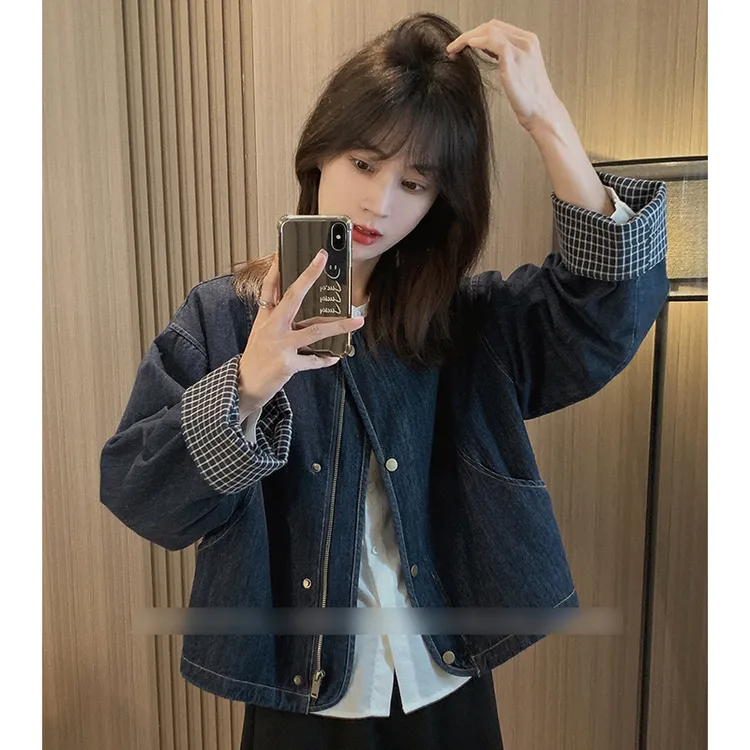 宽松休闲圆领复古牛仔外套女2025春季新款格子袖口百搭上衣