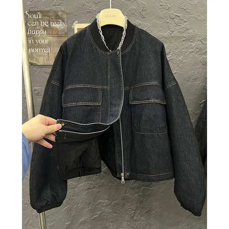 2024冬季新款立领拉链明线设计棒球服棉衣外套女拼接牛仔棉服