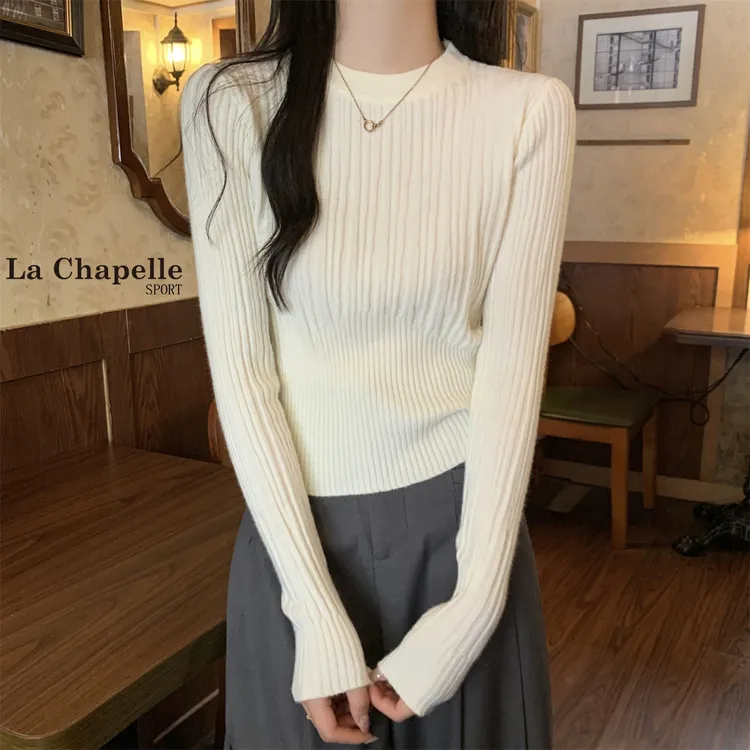 拉夏贝尔圆领针织衫女秋冬修身纯色别致设计感安迪绒打底女毛衣