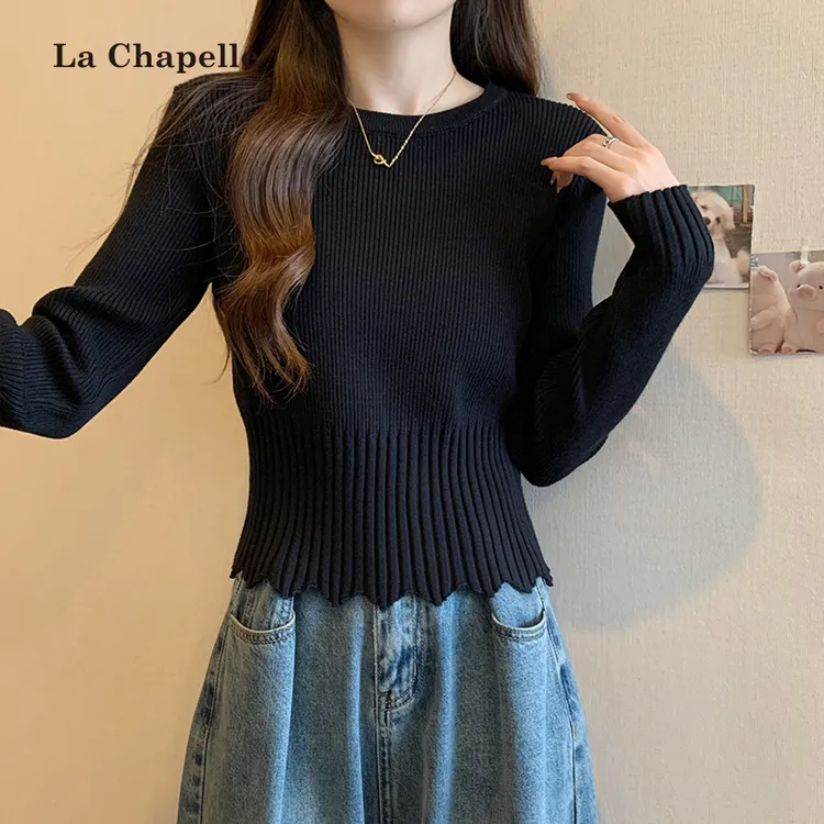 拉夏贝尔针织打底衫女秋冬新款内搭时尚洋气大码百搭收腰短款毛衣