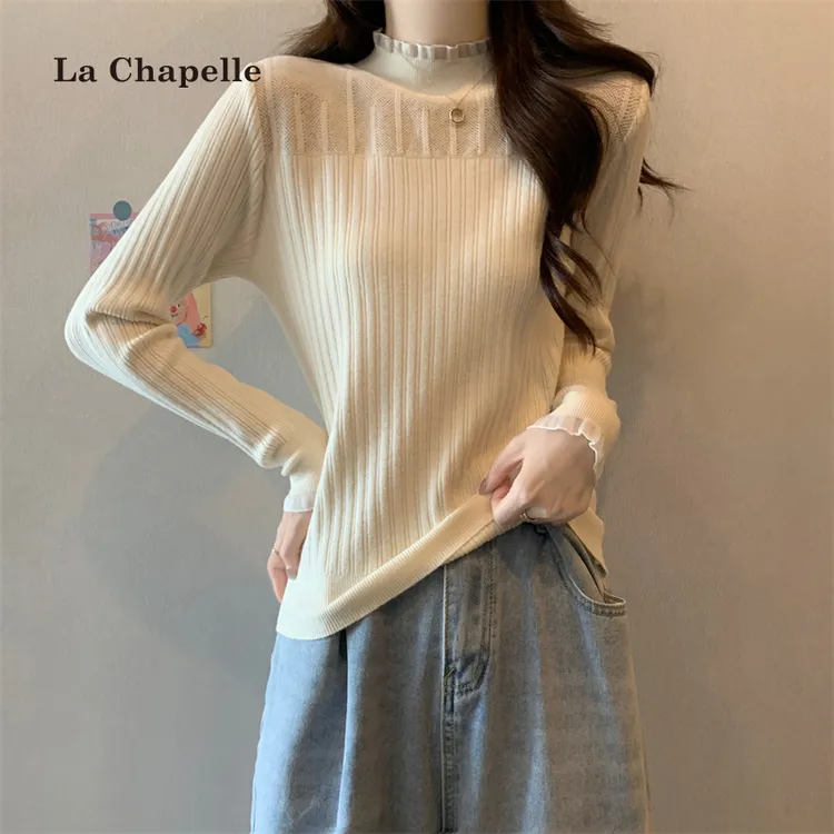 拉夏贝尔大码女装半高领镂空花边针织打底衫秋冬内搭遮肚显瘦上衣