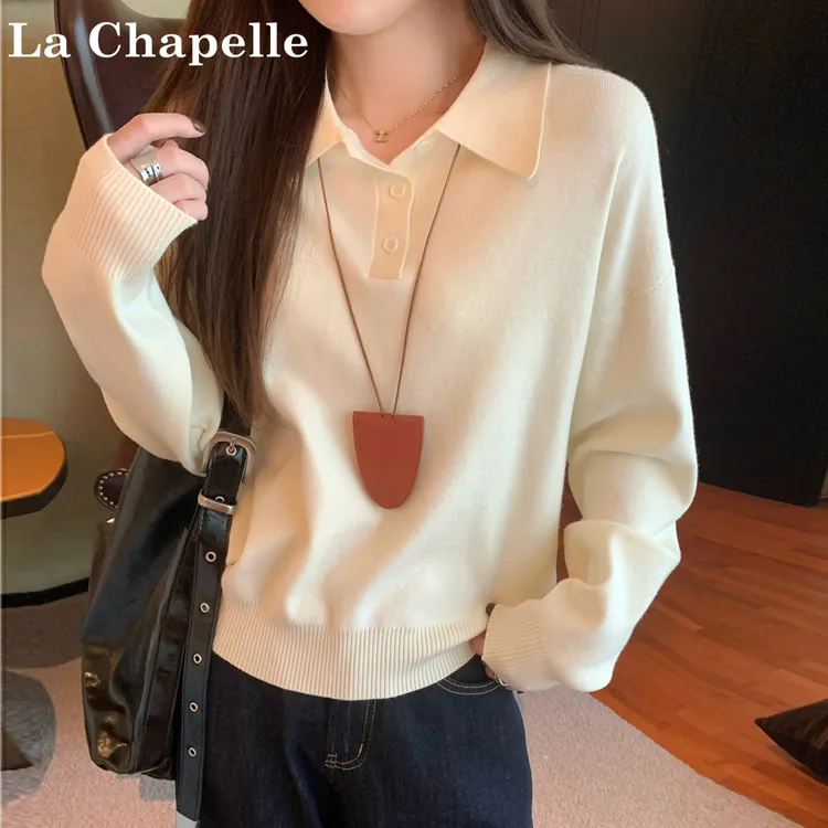 拉夏贝尔2024秋冬新款polo领纽扣毛针织衫女宽松韩版百搭打底上衣