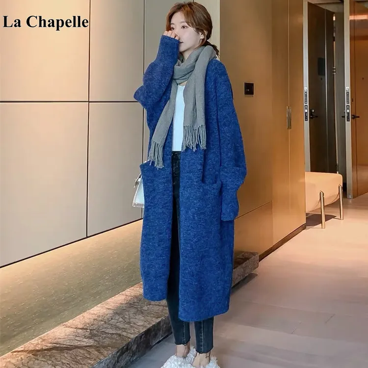 拉夏贝尔长款开衫外套女装秋冬新款设计感小众韩版宽松针织衫毛衣