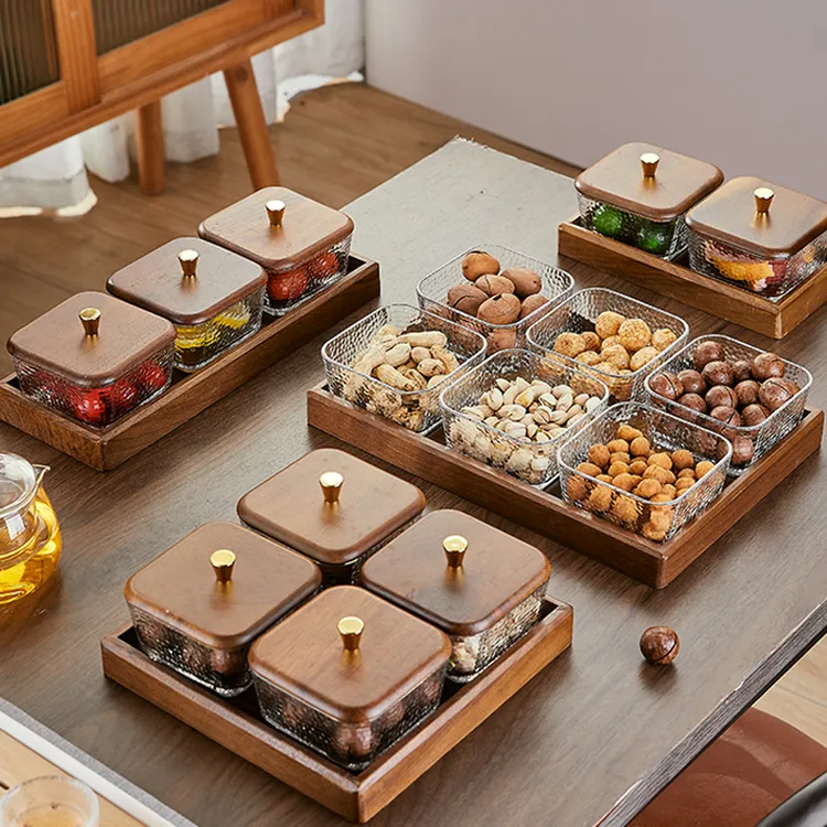 胡桃木玻璃水果盘零食盘家用客厅茶几轻奢高档分格干果盘小吃盘子