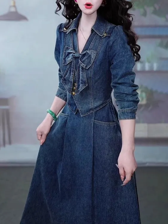 爆款高档牛仔连衣裙2024新款女早秋假两件修身显瘦气质轻奢高级感