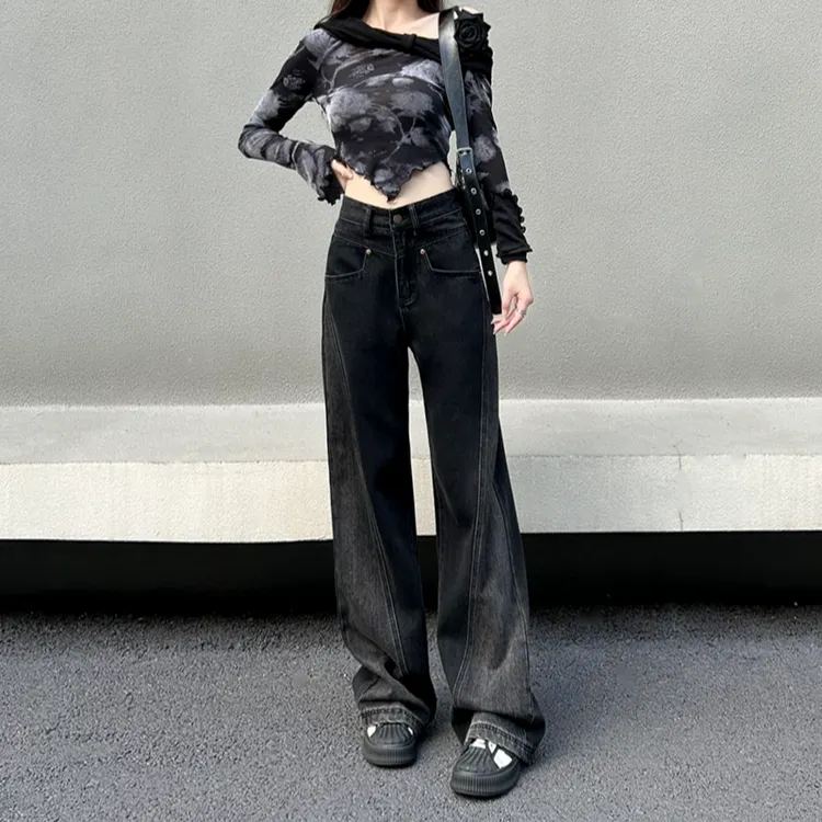 秋季新款女拖地拼接设计感显瘦牛仔裤女水洗百搭阔腿拖地裤