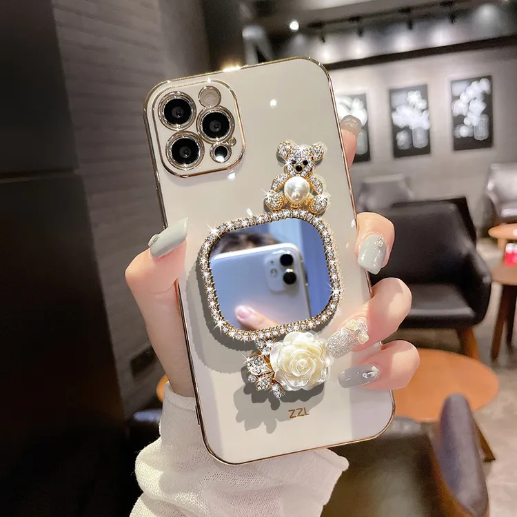 适用带镜子苹果16手机壳iPhone15promax/14女款13/12/11电镀xr xs