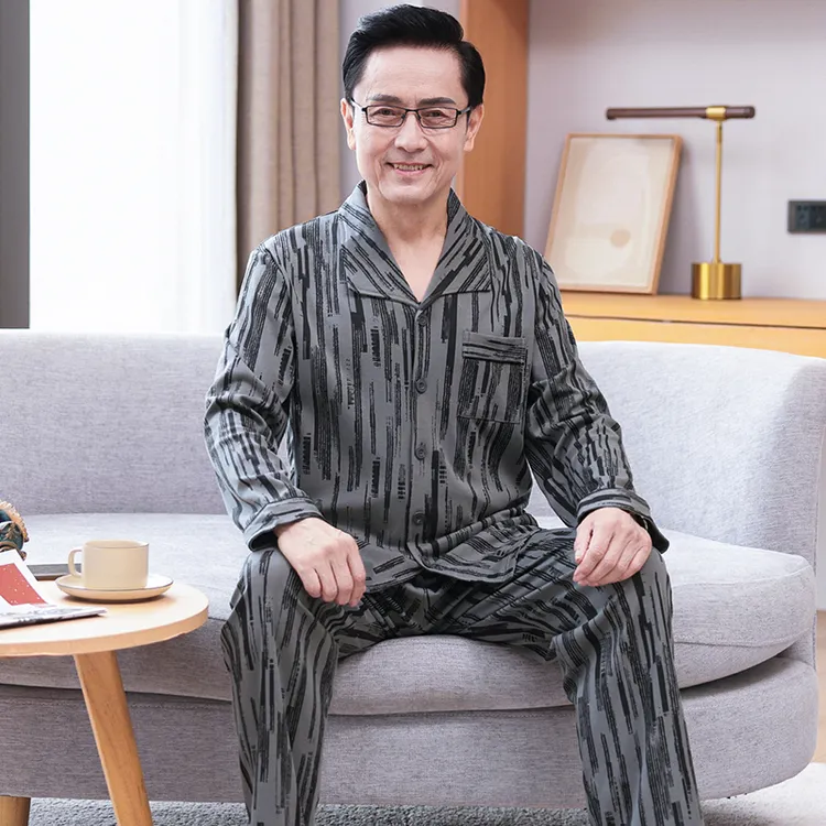 高档睡衣男士春秋季纯棉长袖长裤全棉家居服中老年人爸爸休闲套装