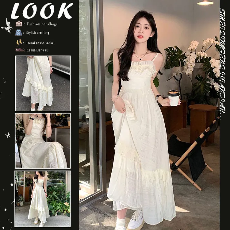 仙女裙设计感小众吊带裙新款收腰显瘦法式甜美超仙初恋长裙木耳边
