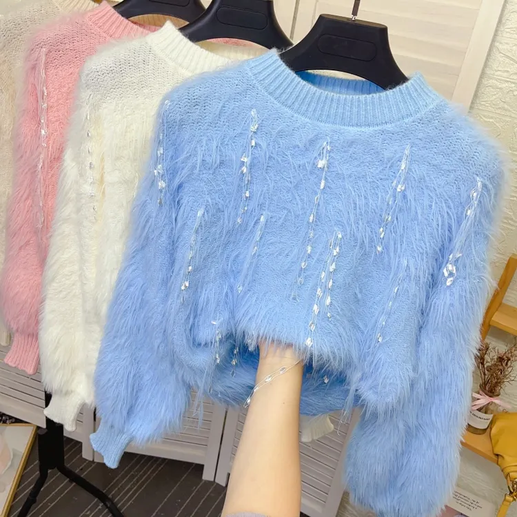 设计感流苏水貂绒外穿毛衣女装秋冬新款软糯马海毛打底针织衫上衣