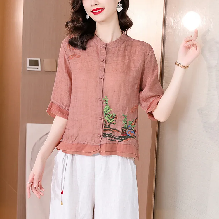复古优质刺绣T恤女装民族风夏装宽松小立领文艺上衣别致气质T恤女