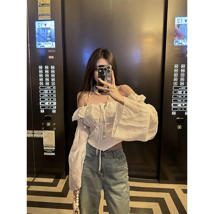 荷叶边衬衫女夏珠光设计感气质挂脖长袖短款飞飞袖一字肩绑带上衣
