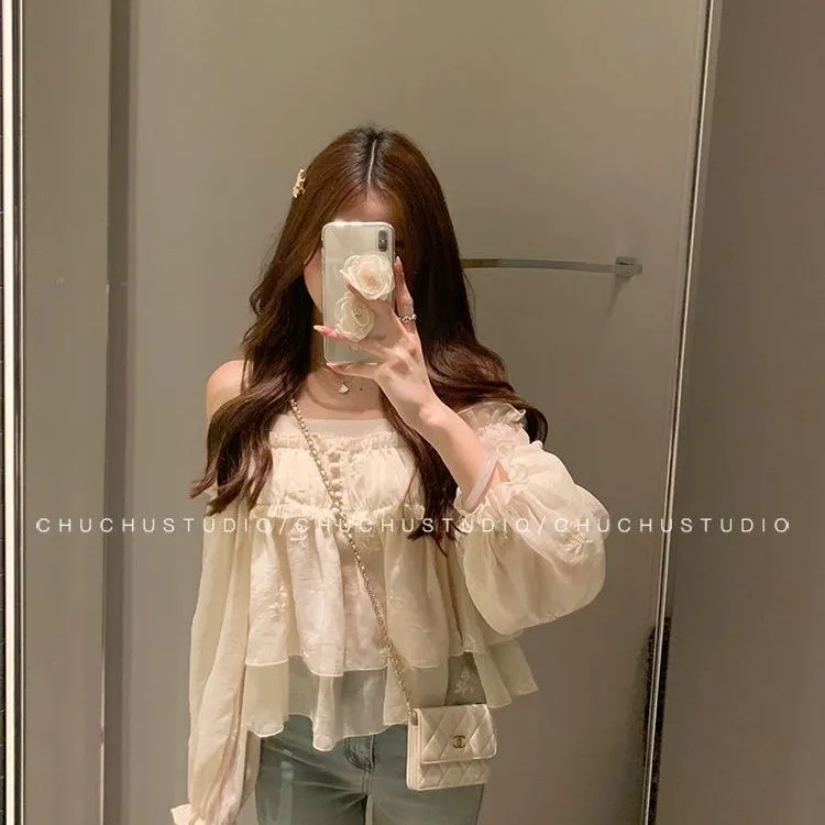 灯笼袖气质短款刺绣一字领雪纺衫吊带露肩长袖衬衫上衣