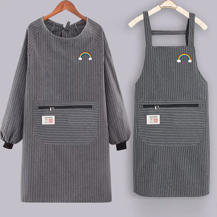 新款纯棉长袖围裙女外穿上班家用厨房防污耐脏套装工作服加肥
