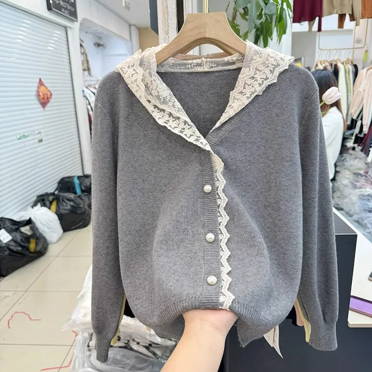 特大码300斤女新款蕾丝边连帽毛针织开衫女软糯设计感毛衣外套