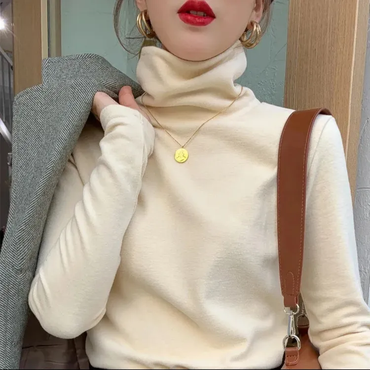 加绒加厚外穿德绒打底衫女内搭堆堆高领秋冬季洋气百搭保暖长袖