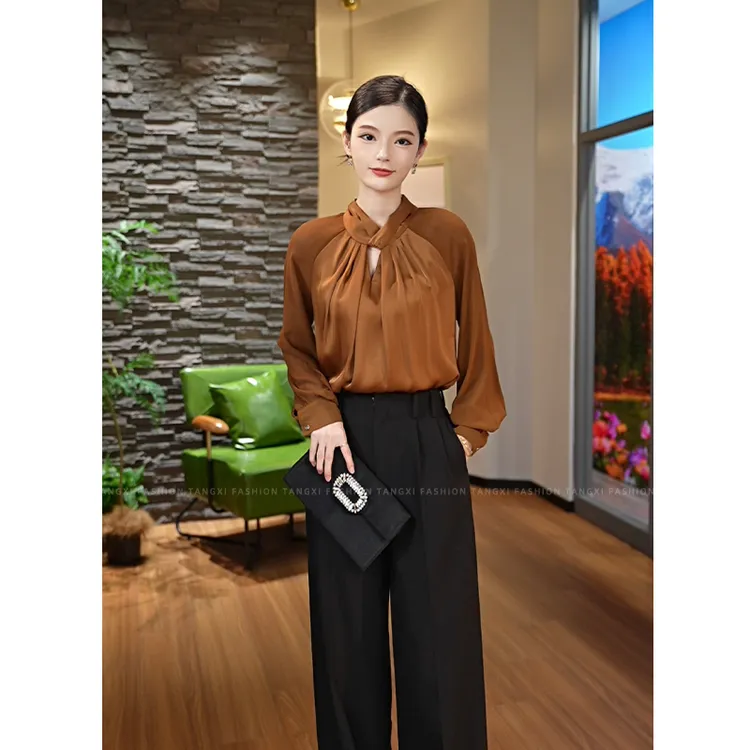 2026早秋新款【DD-108】气质轻奢小众简约大气百搭咖色衬衫上衣