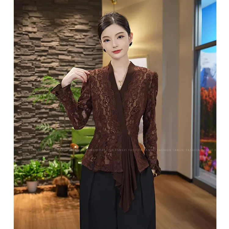 薄款现货2025秋季【CHUN-ZM23-Q200】高级感气质棕色高雅时尚上衣女