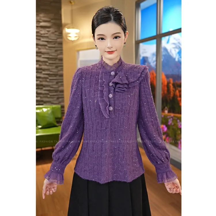 2026秋冬新款【R24-Q99】高级感气质紫色蕾丝长袖衬衫上衣