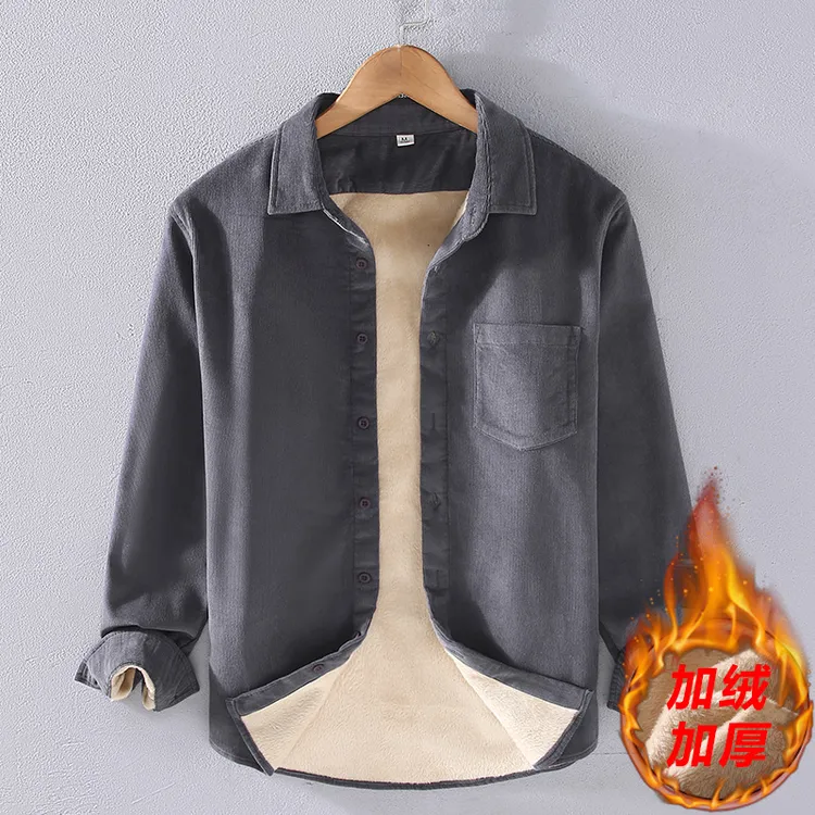 100%棉加绒加厚保暖衬衣纯色灯芯绒长袖衬衫男款冬季纯棉条绒男装