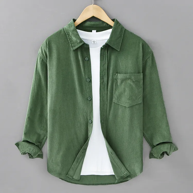 男士秋纯棉复古柔软灯芯绒长袖衬衫纯色潮流百搭宽松休闲衬衣8705